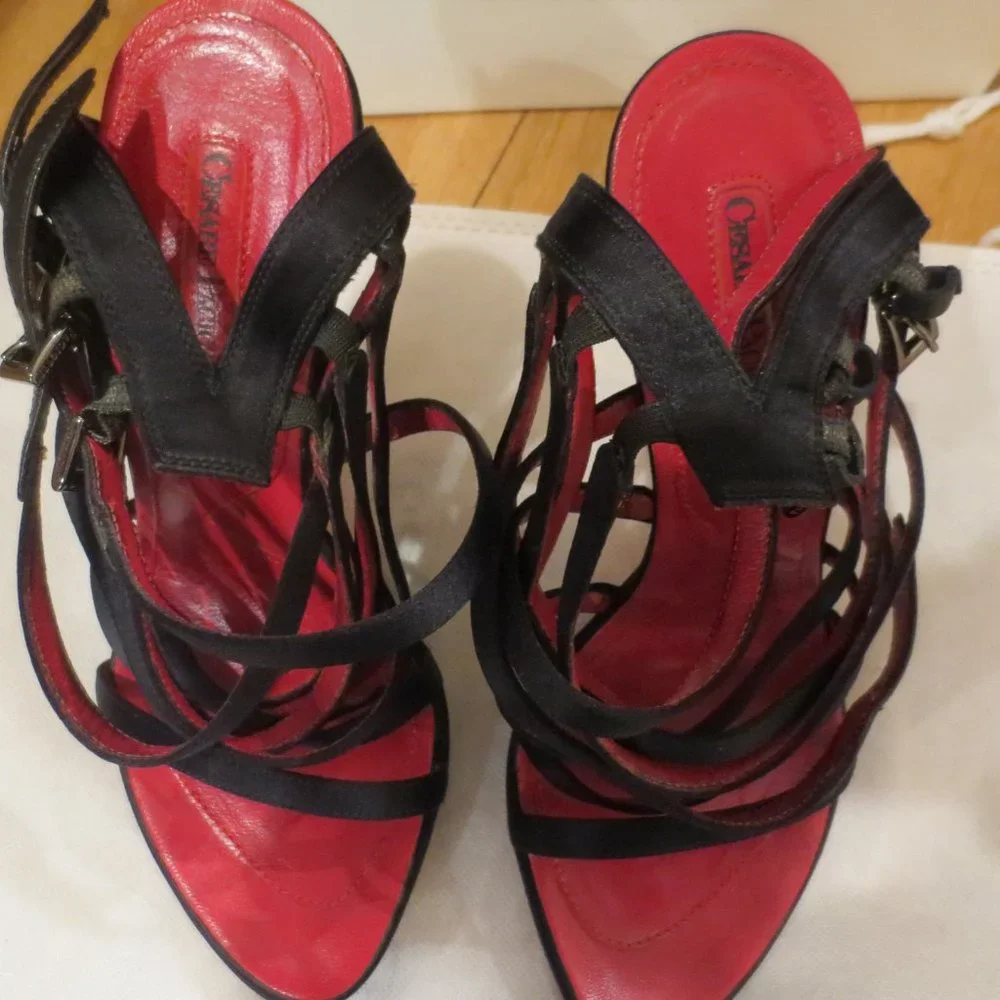 LAST CHANCE CESARE PACIOTTI Black Satin Multi Strapped Mini Platforms - Picture 9 of 9